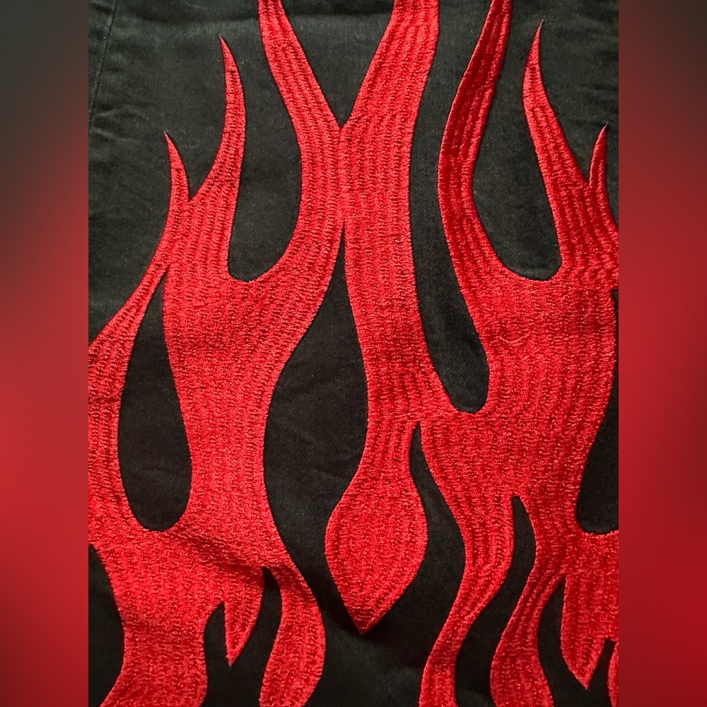 Dolls Kill Black and Red Flame Boot Cut Jeans - Picture 4 of 9